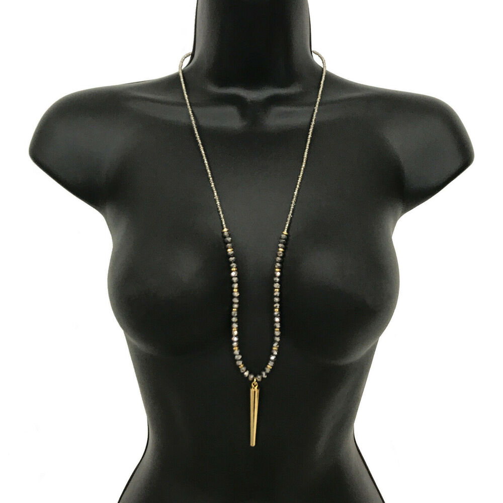 Jessica Simpson Mesa Verde Spike Necklace New $38 Gray Gold Beads 29" Chain Boho